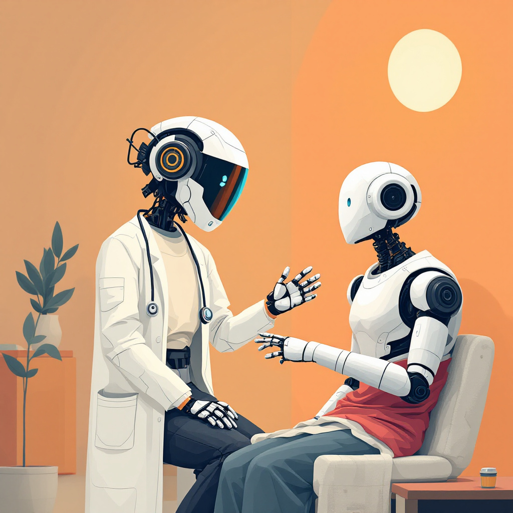 An illustration shows two humanoid robots in a room with a plain orange background and a pale yellow circle. One robot, standing, wears a white medical coat and has a stethoscope around its neck, appearing to be in the role of a doctor. It gestures towards the second robot, which is seated in a chair wearing a red garment, seemingly in the role of a patient. A potted plant is visible to the left. The image portrays a consultation between two robots, illustrating AI or robotics in a healthcare context.