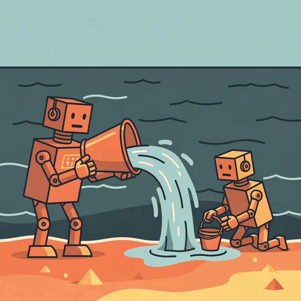 Two orange robots discovering water on desert planet - larger robot holding megaphone spraying water while smaller robot collects it in bucket, illustration of space exploration and resource discovery
