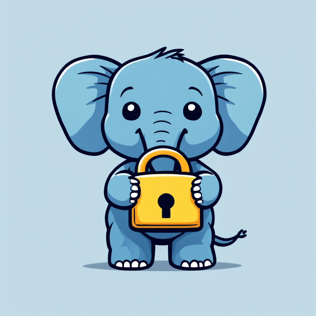 A cute, cartoon-style blue elephant standing upright on two legs. The elephant has a friendly and innocent expression, with large eyes and slightly blushed cheeks. It's holding a large yellow padlock with a keyhole in the center.