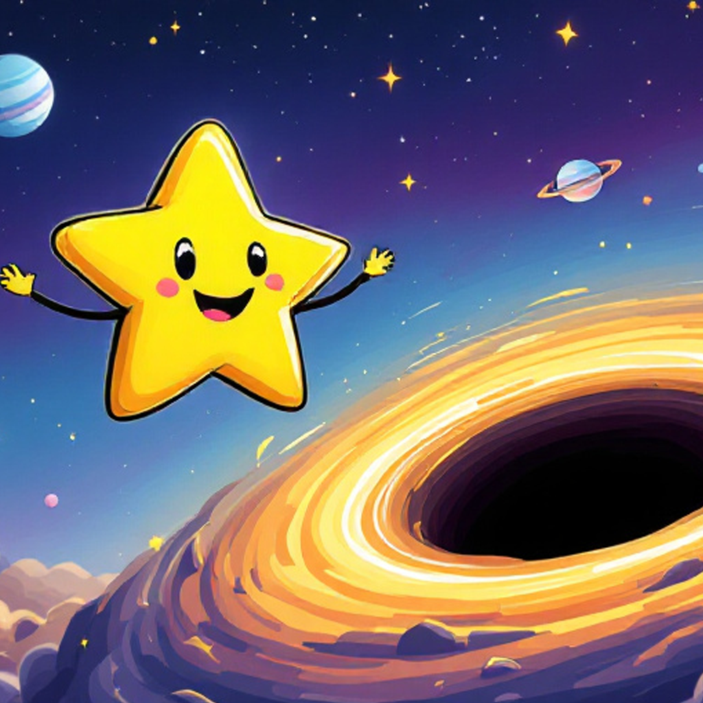 A star being collected by a black hole. The star is bright yellow with a happy face, and the background is a cosmic scene with vibrant colors like purple and blue. The black hole has thick black outlines and is surrounded by colorful stars and planets. The overall style is whimsical and surreal, with a minimalist approach to the characters.