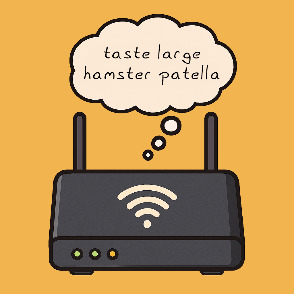 WiFi router with a thought bubble and the words "taste large hamster patella" showing how passphrases can be secure, memorable and strangely funny.